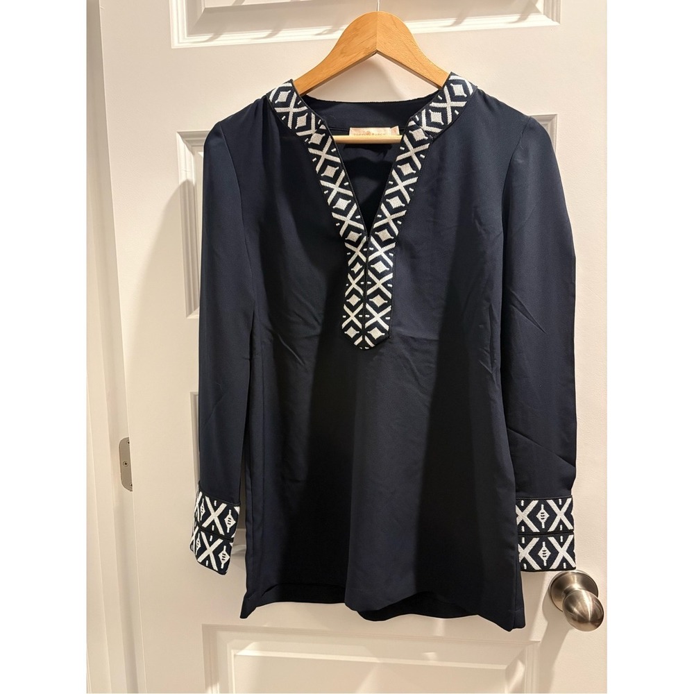 NWOT Tory Burch Navy Long Sleeve Tunic White Geometric Print Women's Size 2